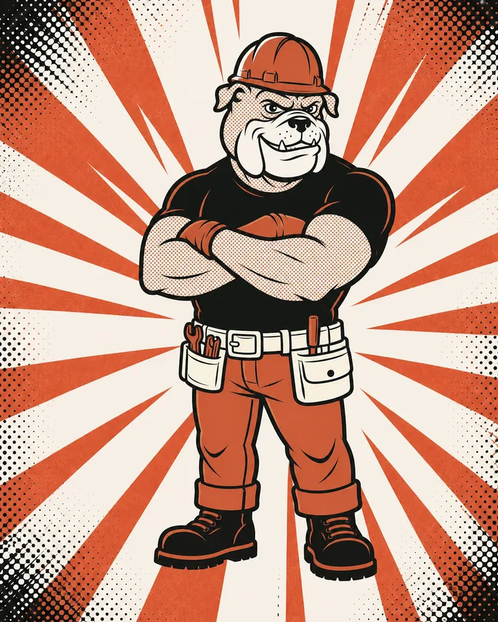 Roscoe, the silver-fur Roscoe Site Pro bulldog contractor mascot, in a clean comic-book panel